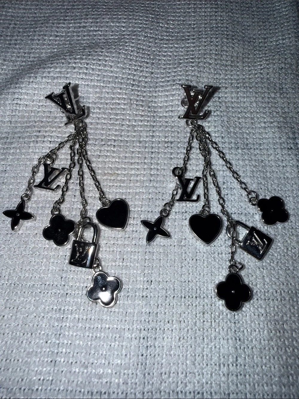 Louis Vuitton Monogram Sweet Black Enamel Silver Charm Dangle Drop Earrings